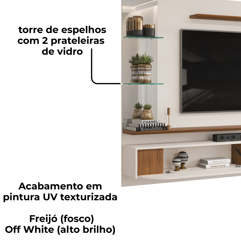 Painel Suspenso Tv 60 Pol 180 cm Ravi Off White Freijó DJ Moveis