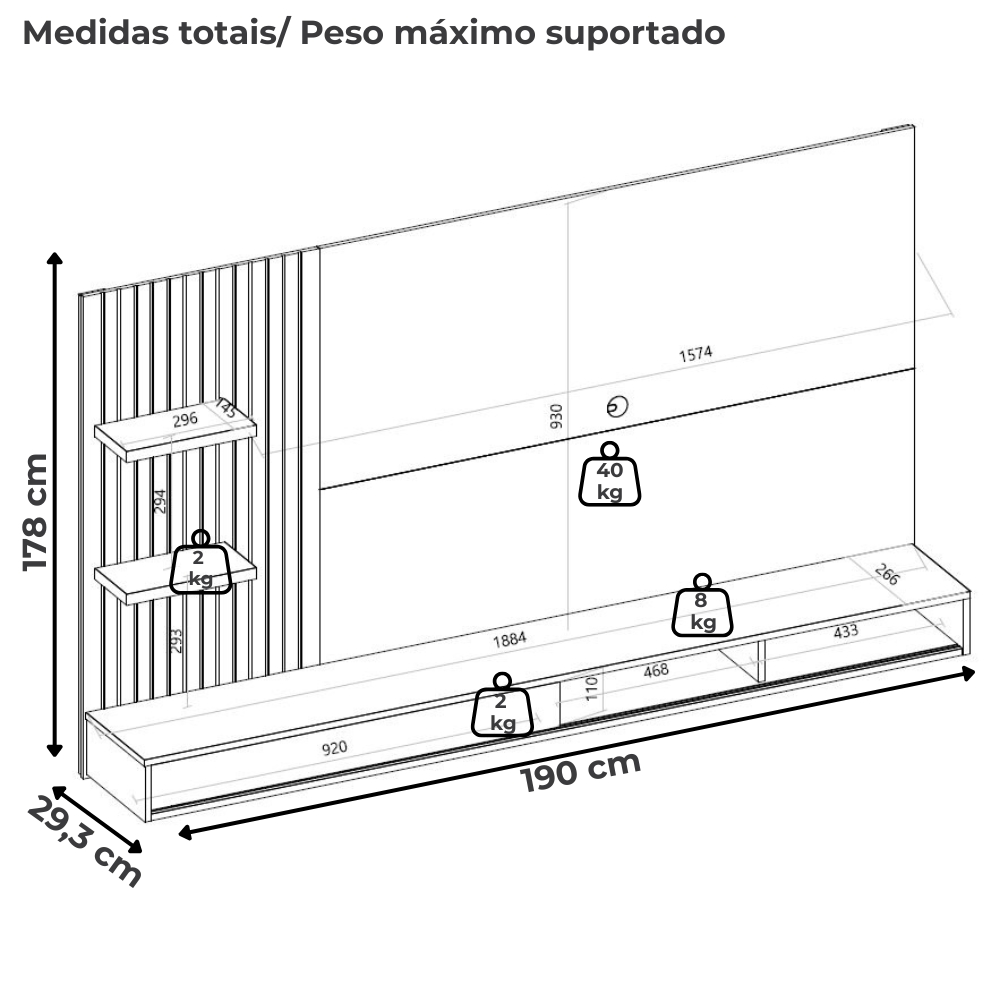 Painel Suspenso Tv 60 Pol 190 cm Bento Freijó Off White Dj Móveis