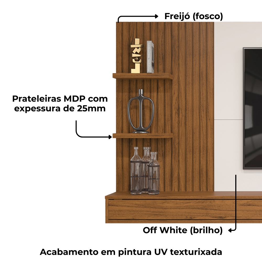 Painel Suspenso Tv 60 Pol 190 cm Bento Freijó Off White Dj Móveis
