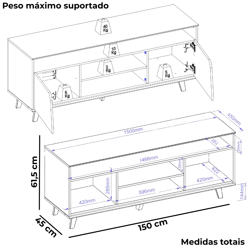 Rack Bancada Tv 60 Pol 150 cm Lana Bali Cedro Dj Moveis