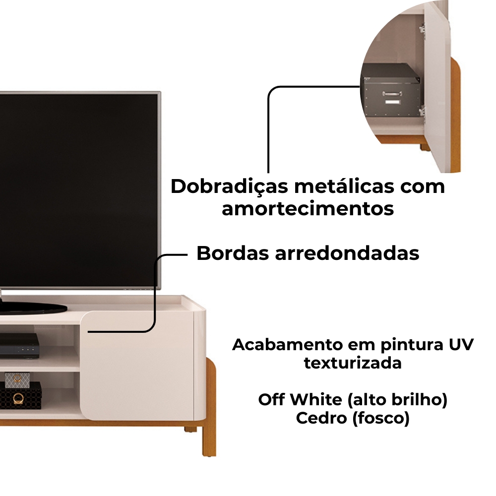 Rack Bancada Tv 65 Pol 180 cm Cher Off White Cedro Dj Moveis