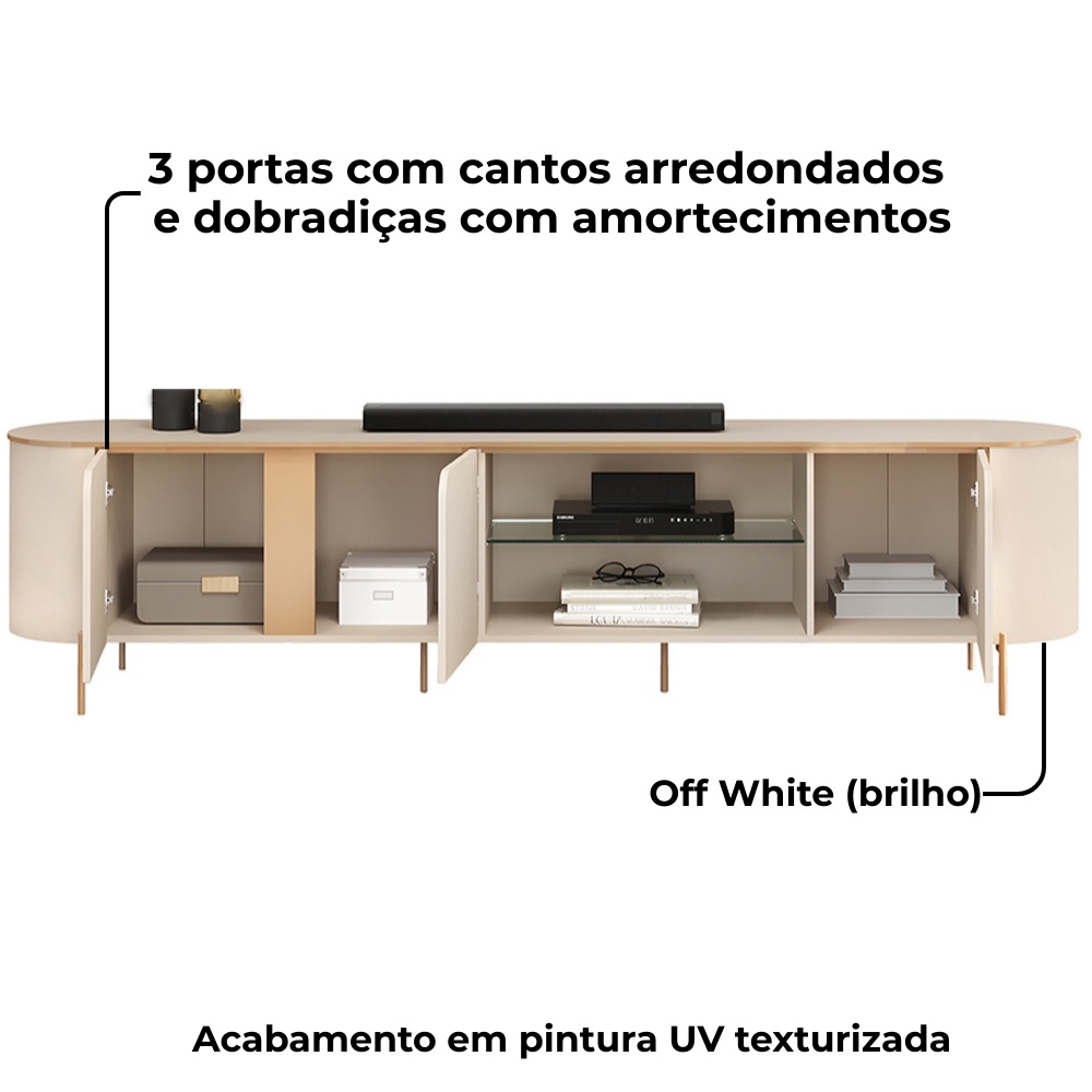 Rack Bancada Tv 75 Pol 241 cm MDF Ariana Off White Dj Moveis