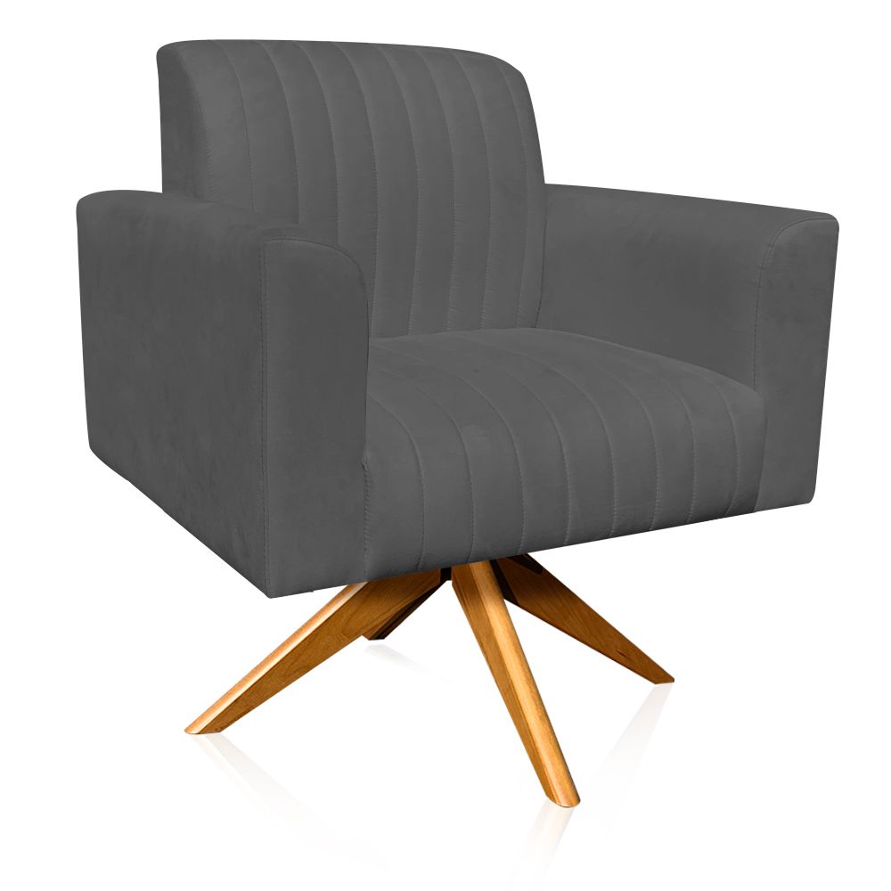 Poltrona Giratória Viena Gomada Suede Grafite Base Madeira MA30 D'Rossi
