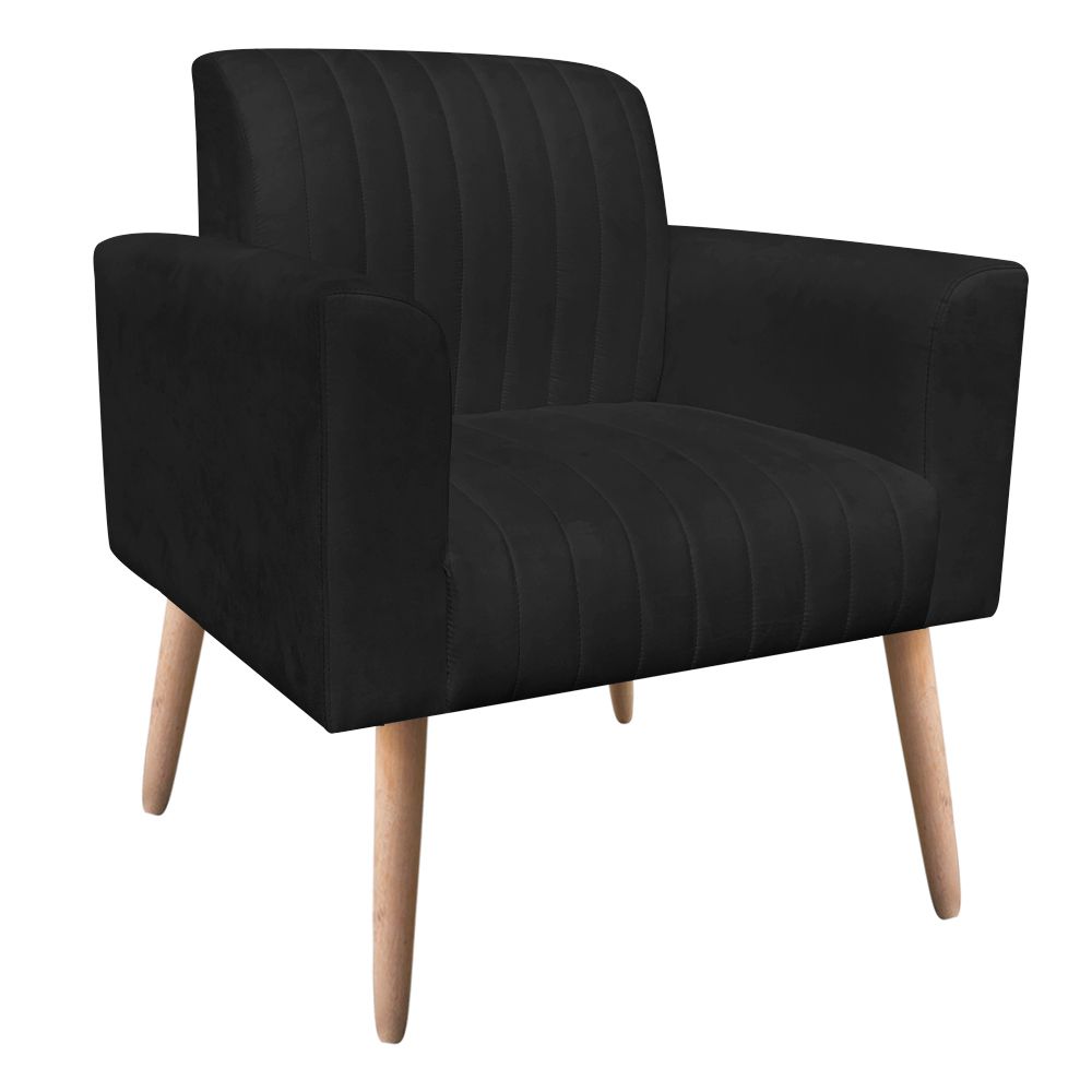 Poltrona Viena Gomada Suede Preto Pés Palito Natural D'Rossi