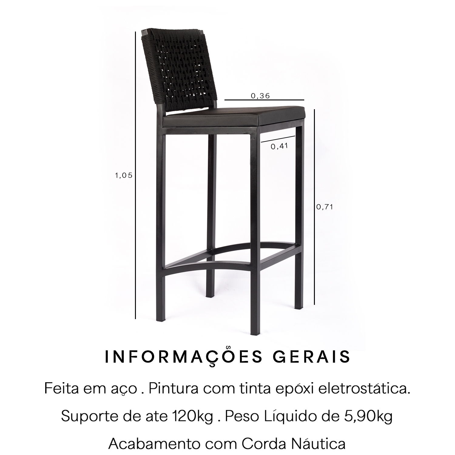 Banqueta Alta Corda Nautica - Cozinha, Varanda, Balcão, Gourmet - Kit 2