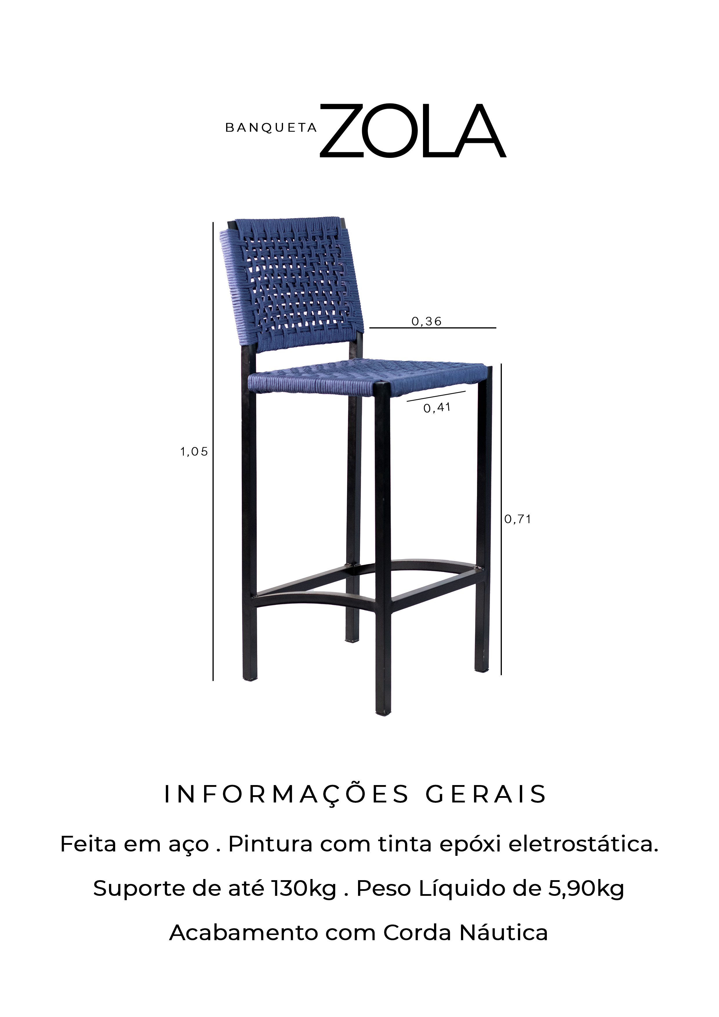Banqueta Alta Corda Nautica Azul - Cozinha, Varanda, Balcão, Gourmet - Kit 2