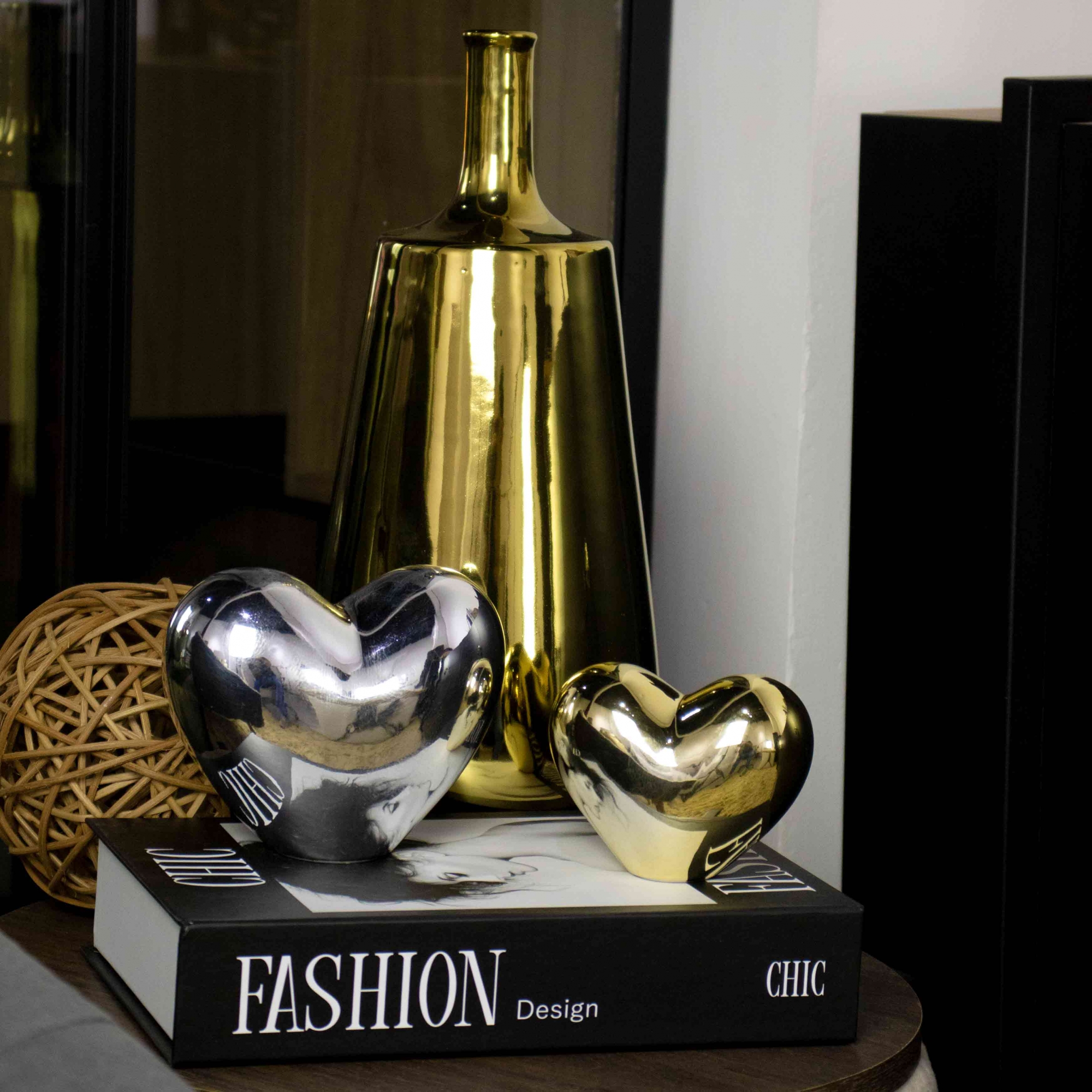 Adorno Coração Decorativo Dourado em Cerâmica 12x7 - D'Rossi