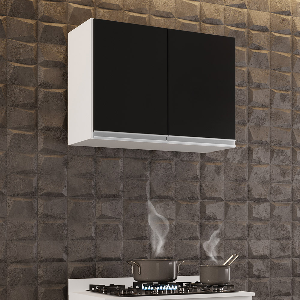 Armário Aéreo de Cozinha Lavanderia 02 Portas Eva Branco e Preto 80 cm - D'Rossi