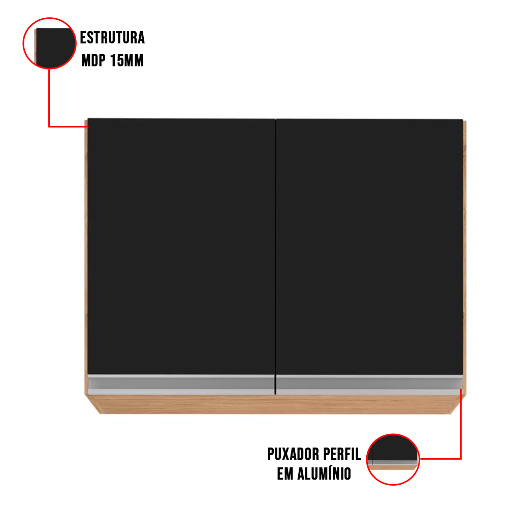 Armário Aéreo de Cozinha Lavanderia 02 Portas Eva Castanho e Preto 80 cm - D'Rossi