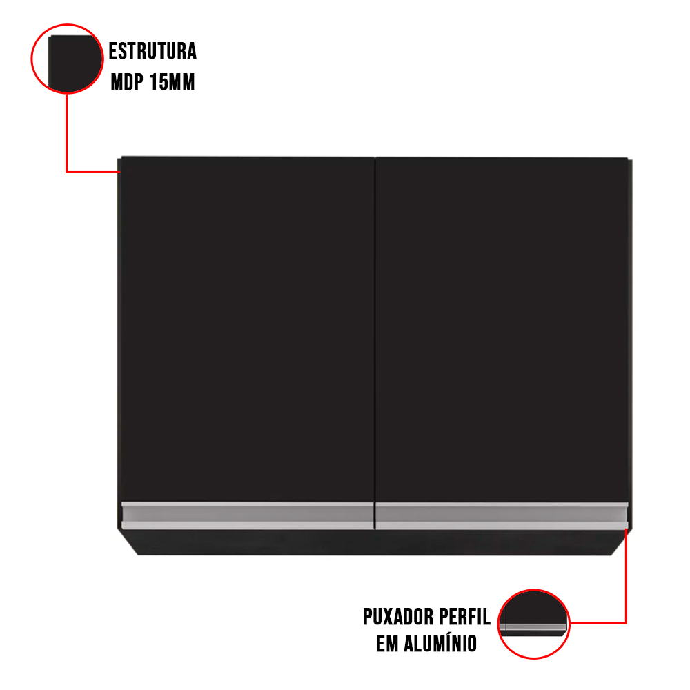 Armário Aéreo de Cozinha Lavanderia 02 Portas Eva Preto 80 cm - D'Rossi