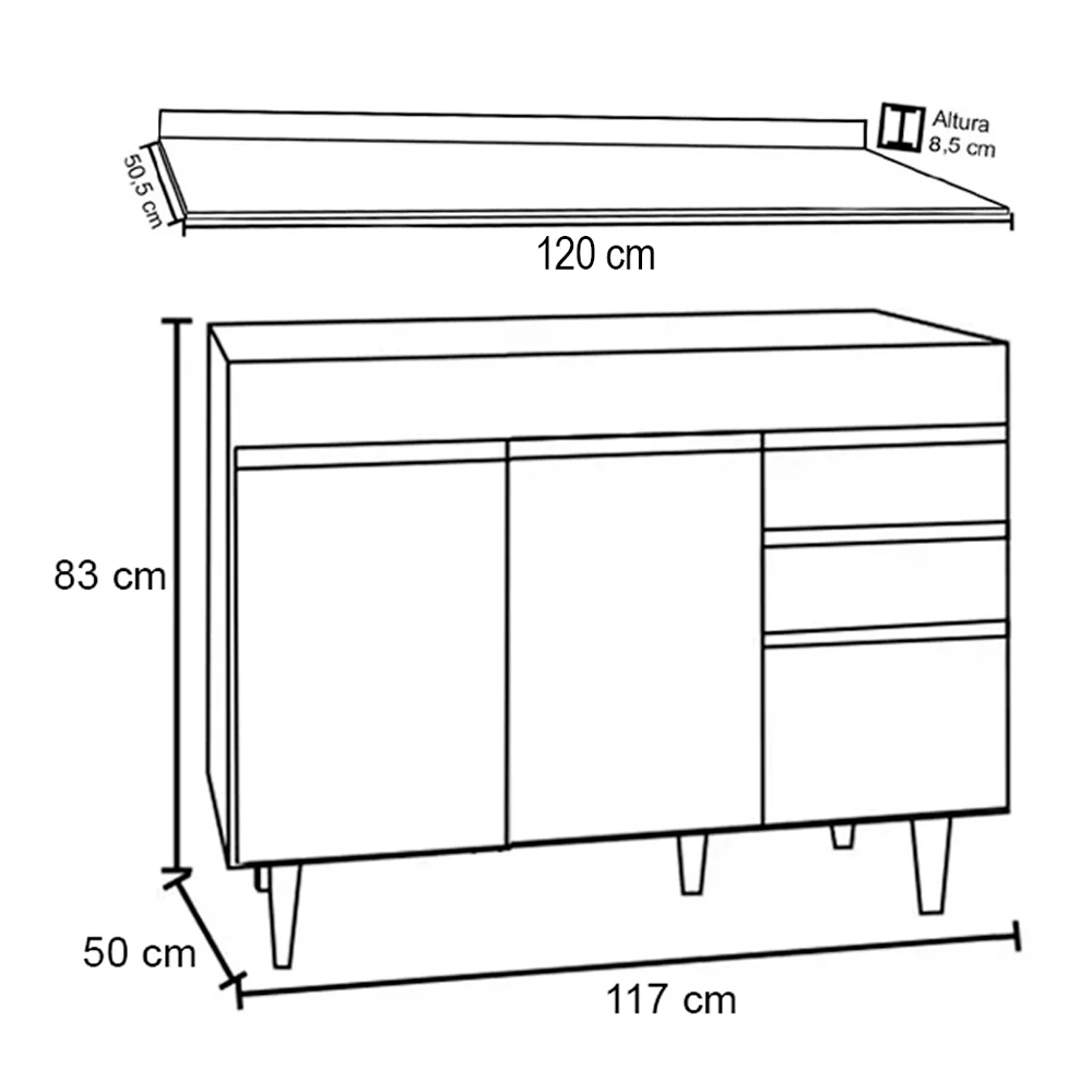 Balcão de Cozinha Lavanderia com Tampo 02 Gavetas Beth 120 cm - D'Rossi