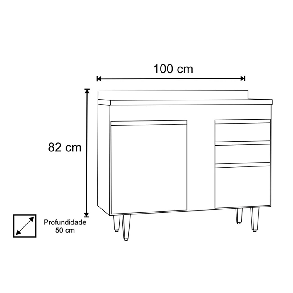 Balcão de Cozinha Lavanderia com Tampo 02 Gavetas Bia 100 cm - D'Rossi