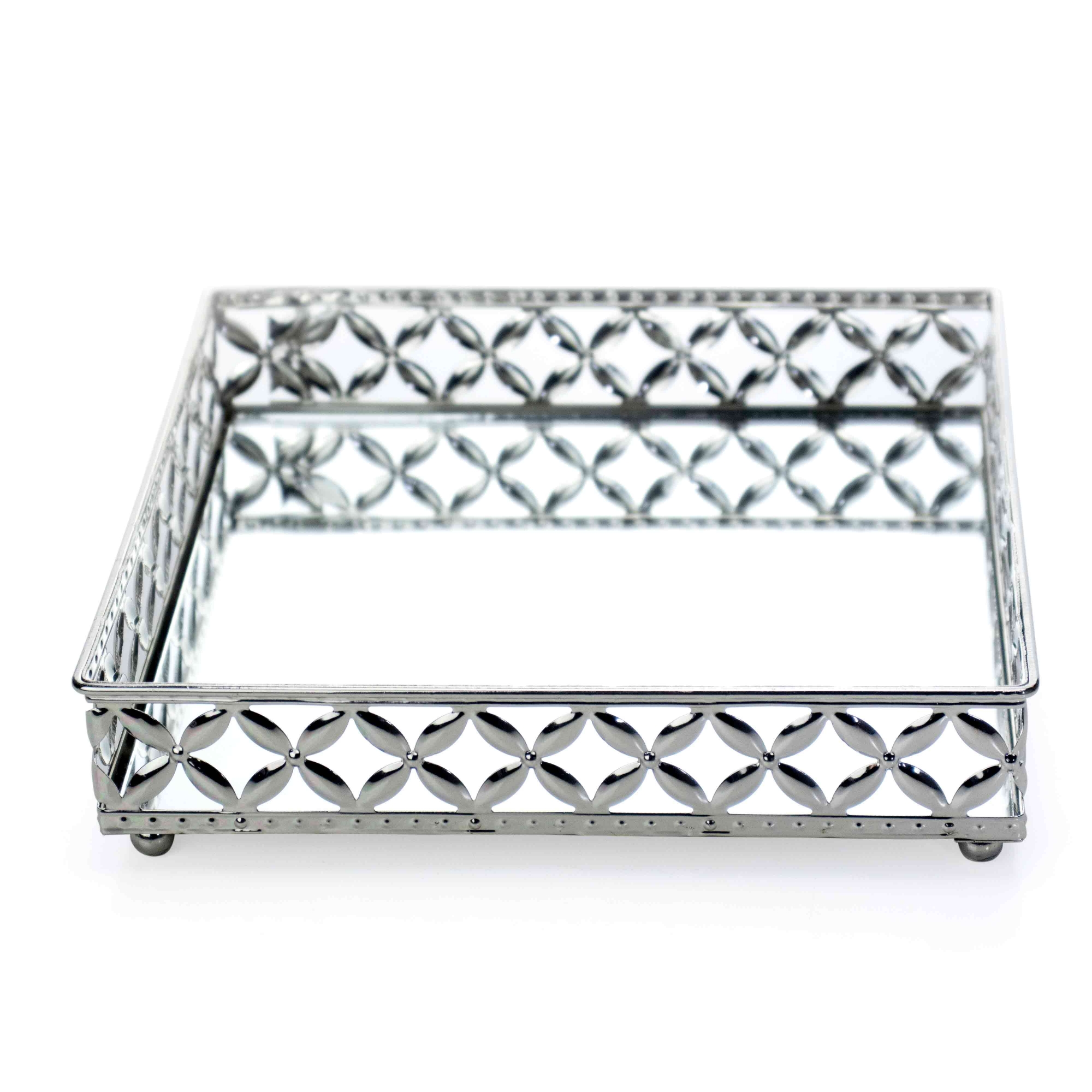 Bandeja Decorativa Quadrada M em Metal Prata com Espelho 5x21 cm - D'Rossi