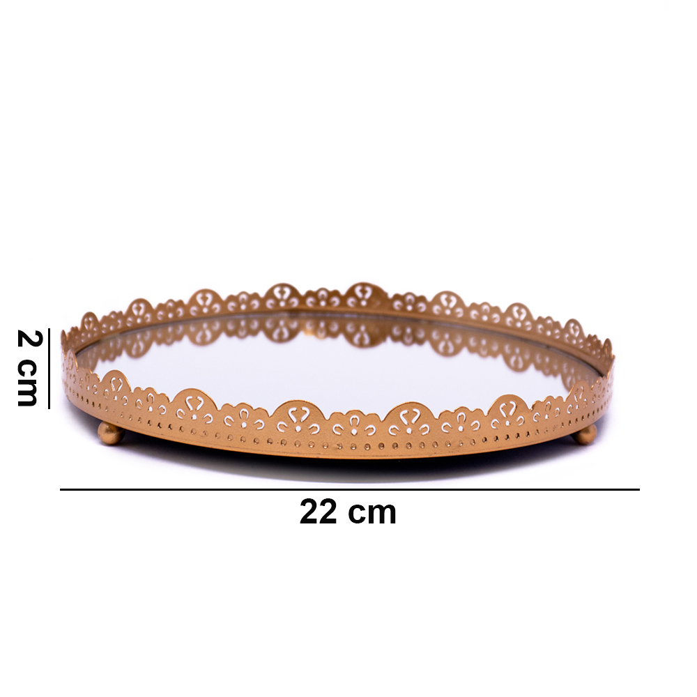 Bandeja Decorativa Redonda Em Metal Flor Rosê com Espelho 2x22x22 cm - D'Rossi