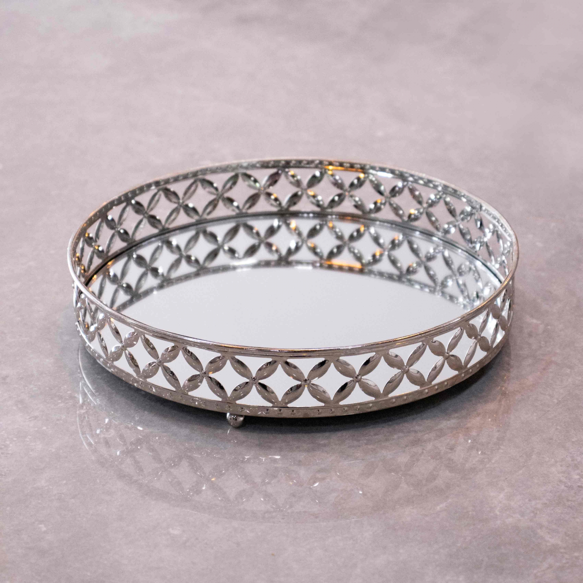 Bandeja Decorativa Redonda P em Metal Prata com Espelho 5x18 cm - D'Rossi