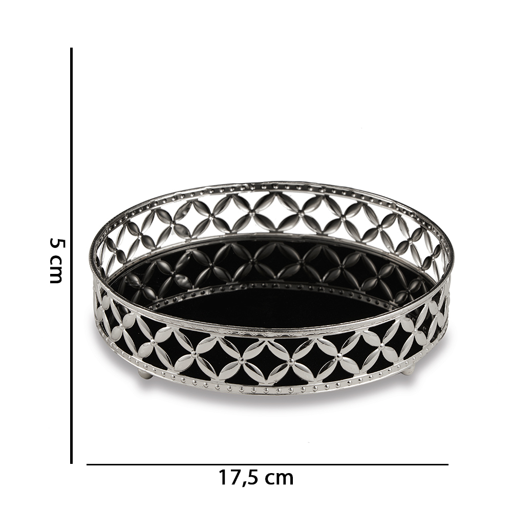 Bandeja Decorativa Redonda em Metal Prata com Espelho Preto 5x17,5 cm - D'Rossi