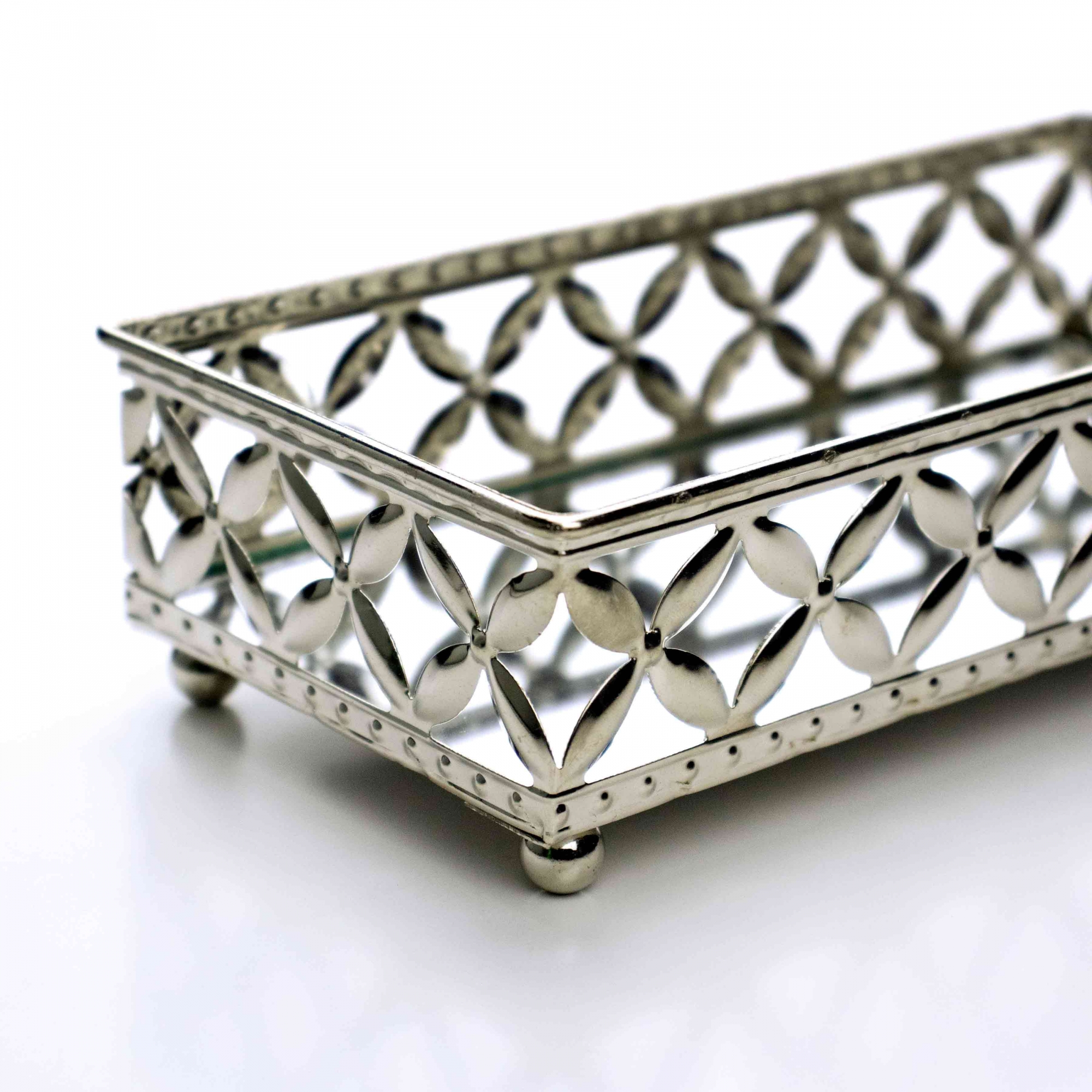 Bandeja Decorativa Retangular em Metal Prata com Espelho 5x18 cm - D'Rossi