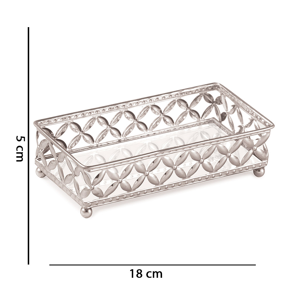 Bandeja Decorativa Retangular em Metal Prata com Espelho 5x18 cm - D'Rossi