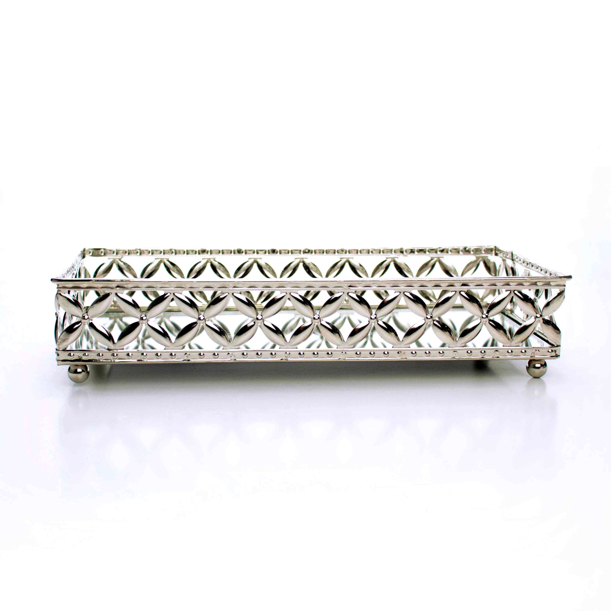 Bandeja Decorativa Retangular em Metal Prata com Espelho 5x24 cm - D'Rossi