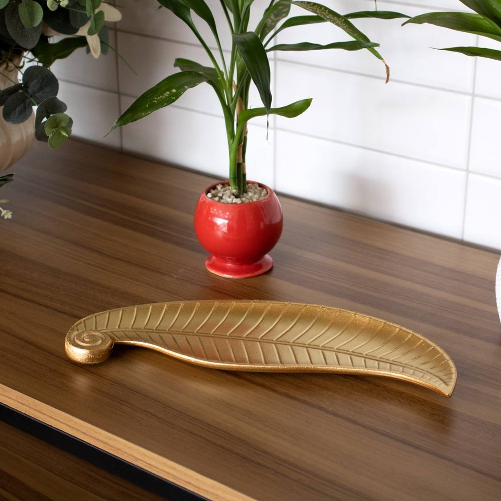 Bandeja Decorativa de Madeira Folha Dourado 2x35x13 cm - D'Rossi