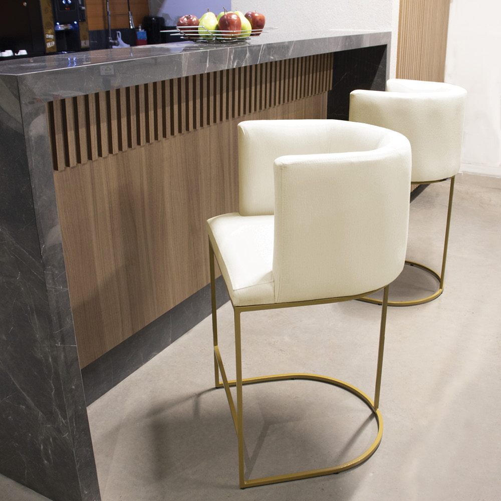 Banqueta Alta Cozinha Base Industrial Dourada Paola Linho - D'Rossi