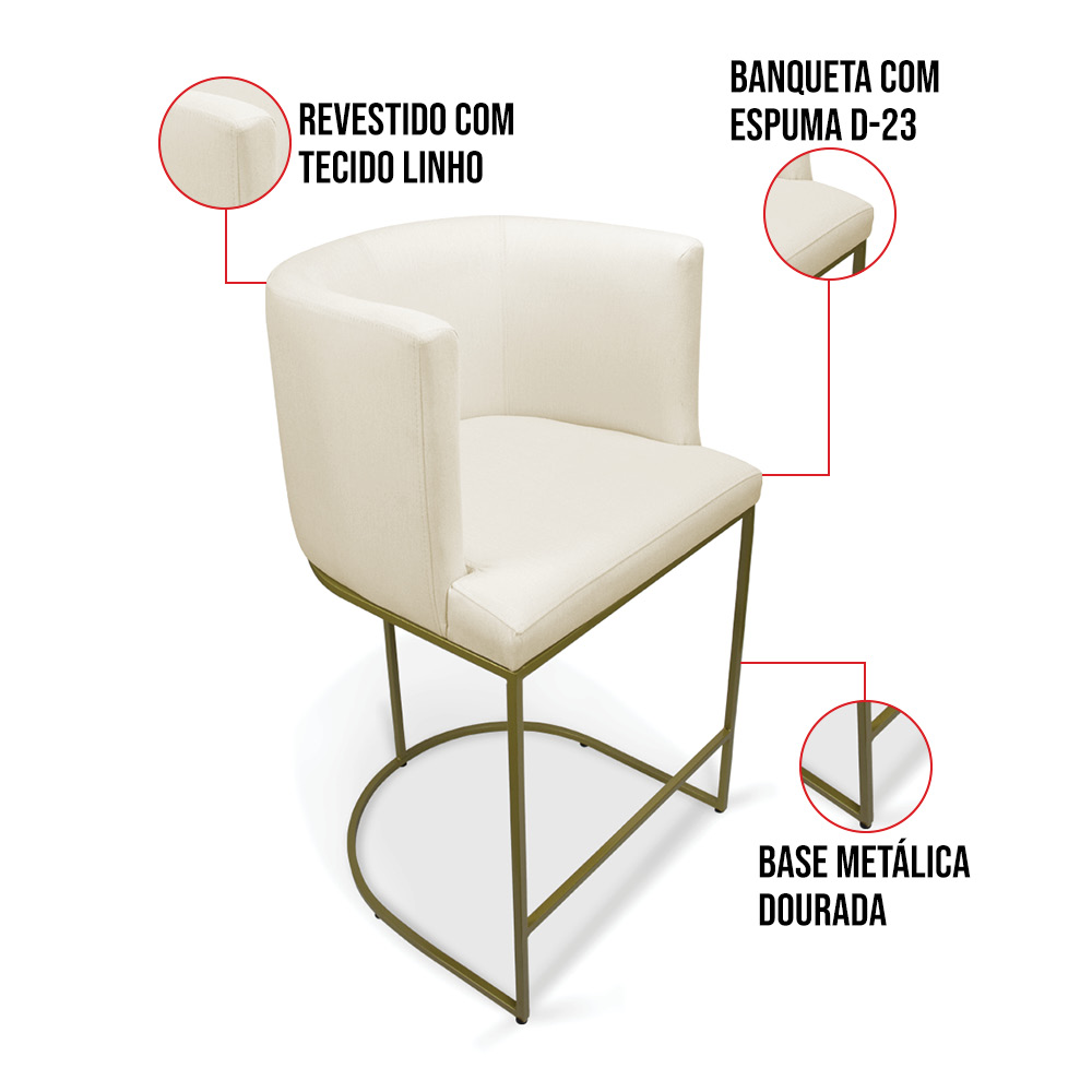 Banqueta Alta Cozinha Base Industrial Dourada Paola Linho - D'Rossi