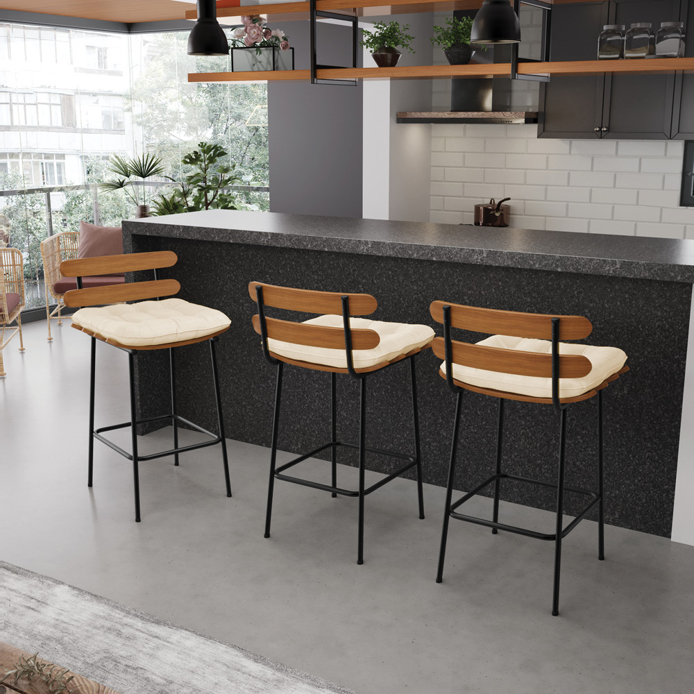 Banqueta Costela Corino Base Metálica Preto - D'Rossi