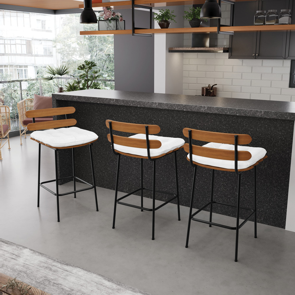 Banqueta Costela Corino Branco Base Metálica Preto - D'Rossi