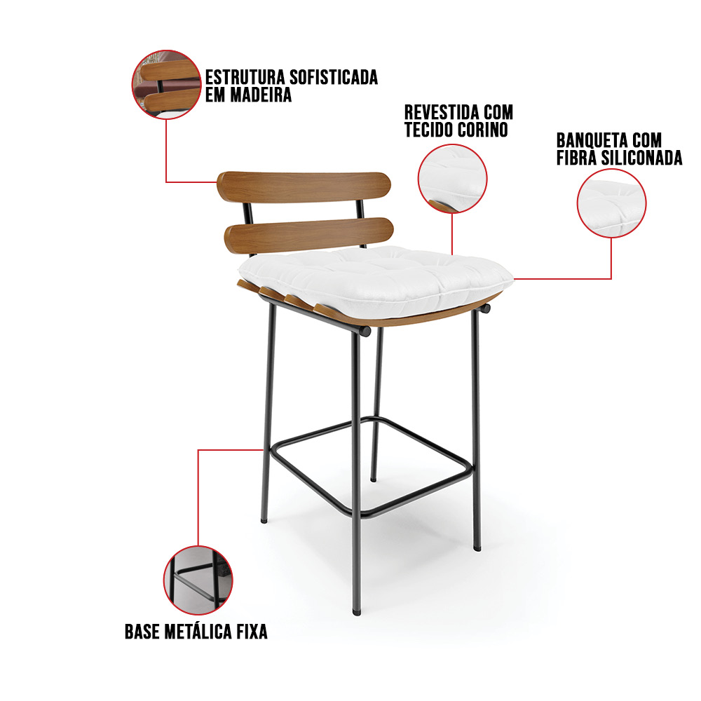 Banqueta Costela Corino Branco Base Metálica Preto - D'Rossi