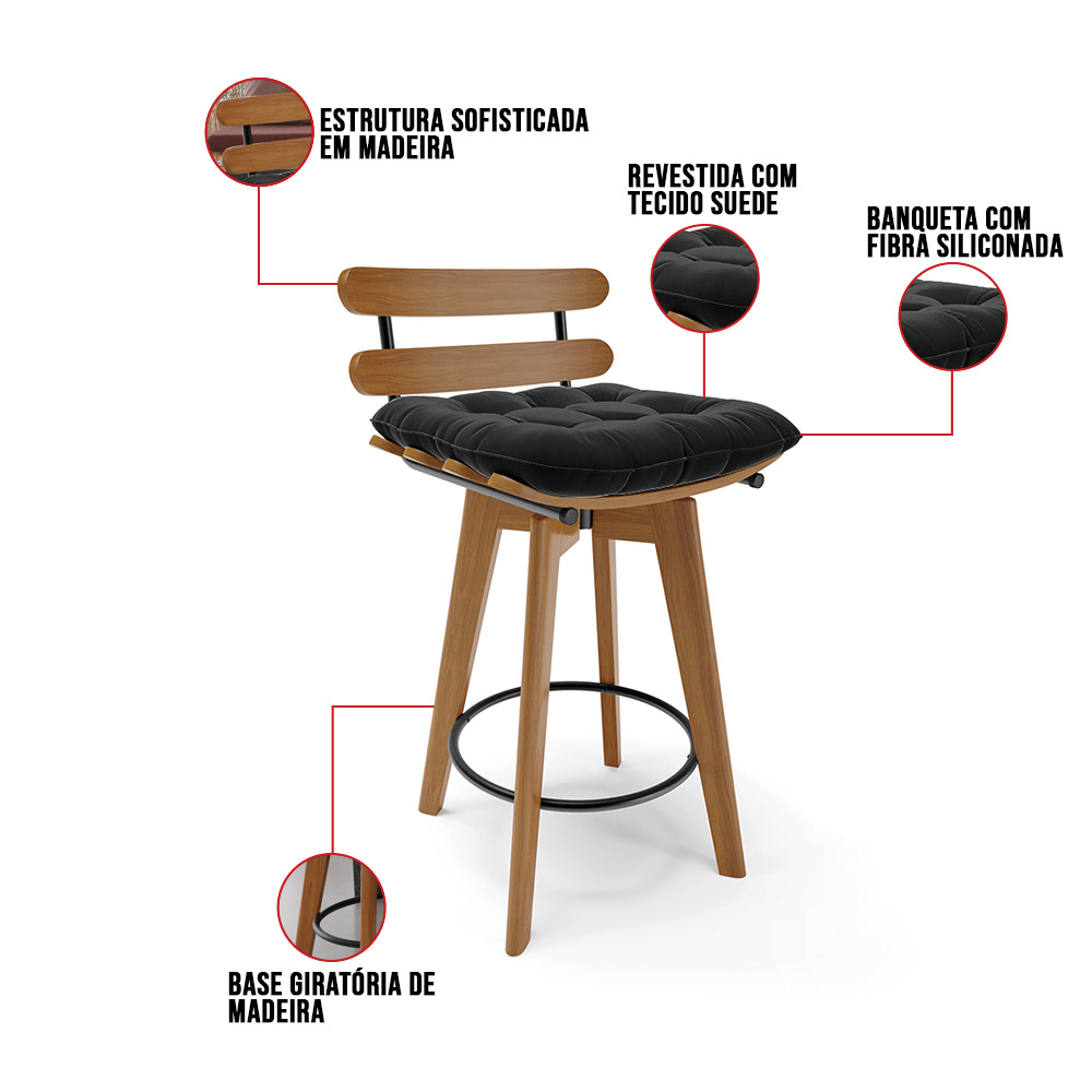 Banqueta Giratória Costela Suede Preto Base Madeira MA70 - D'Rossi