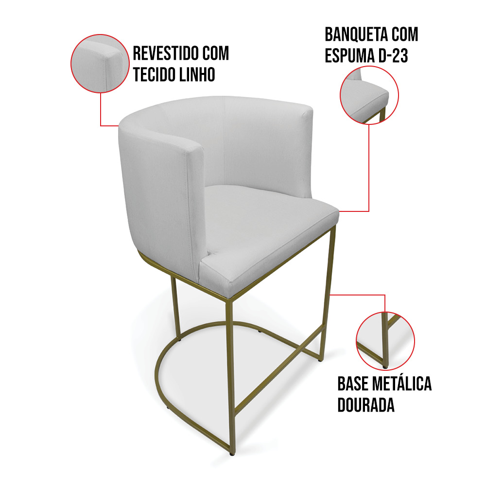 Banqueta Paola Linho Cinza A05 Base Metálica Dourada - D'Rossi