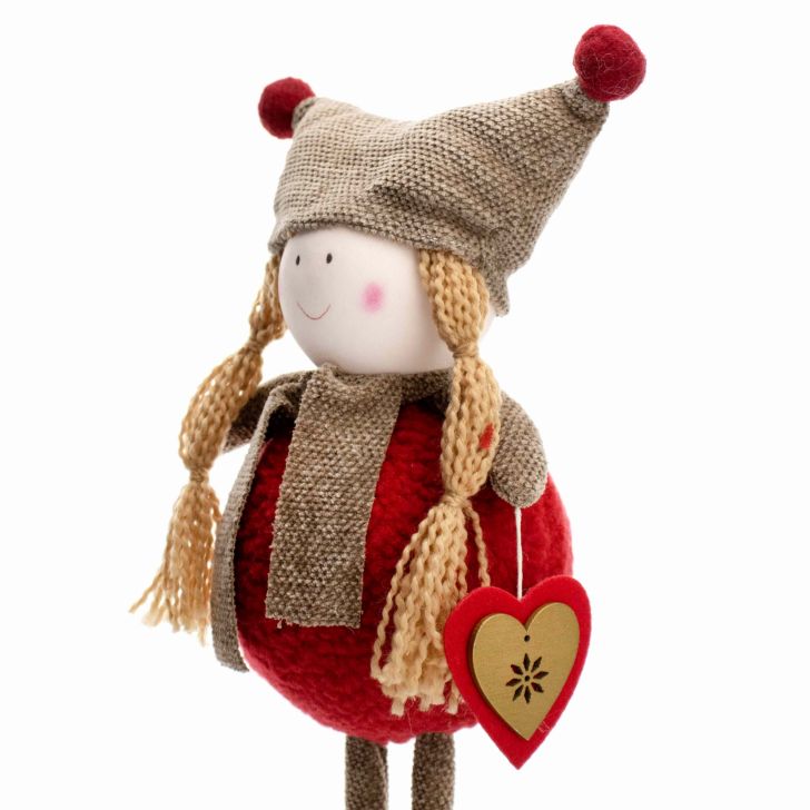 Boneco de Natal Menina em Pé Segurando Coração 48cm - Xadrez Vermelho - Ref  72733001 D&A - CCS Decorações