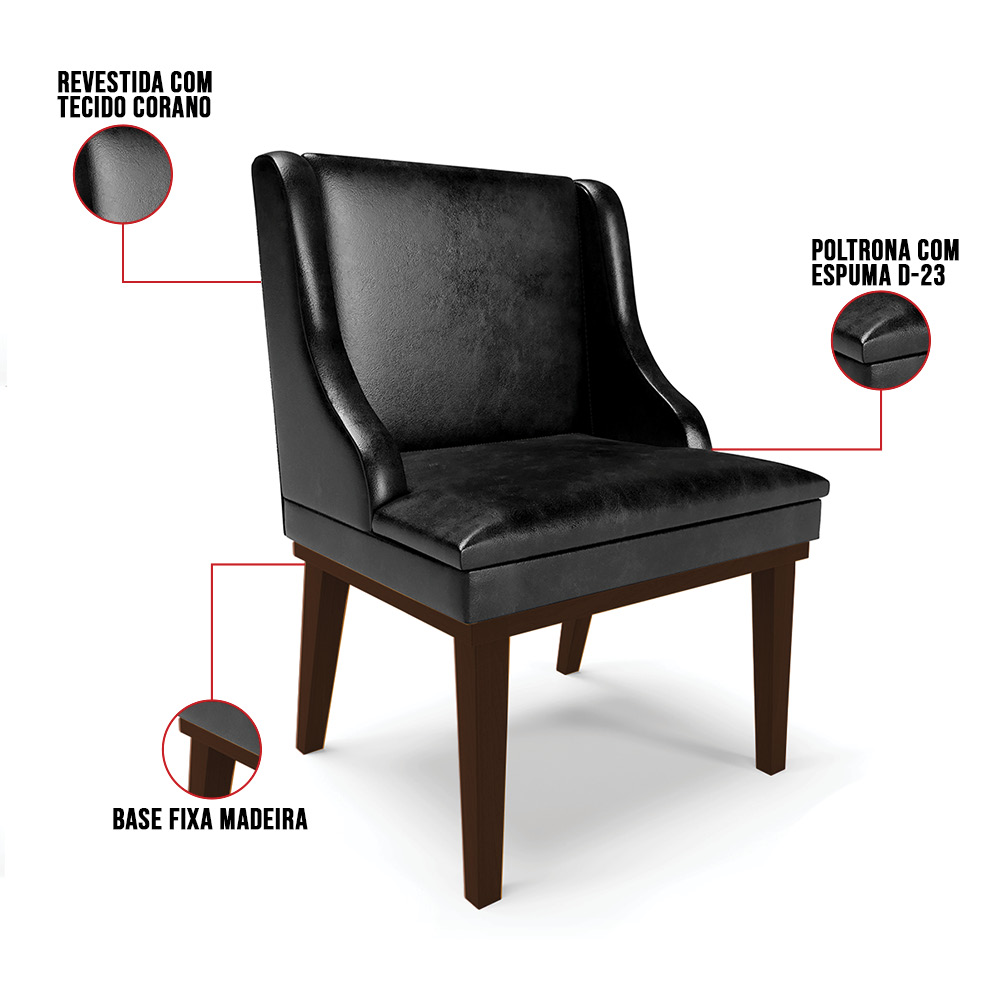 Cadeira de Jantar Liz Corano Preto Base Fixa Madeira Tabaco - D'Rossi