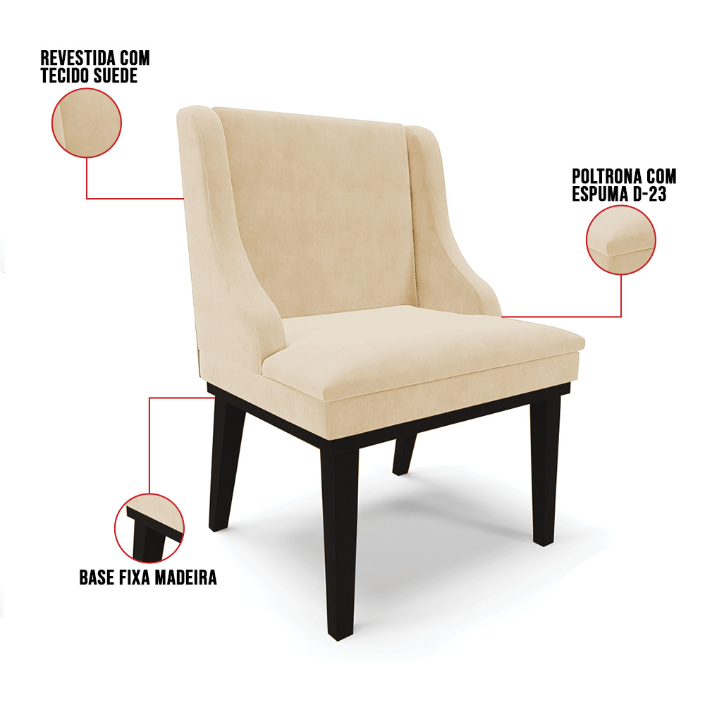 Cadeira de Jantar Liz Suede Bege Base Fixa Madeira Preto - D'Rossi