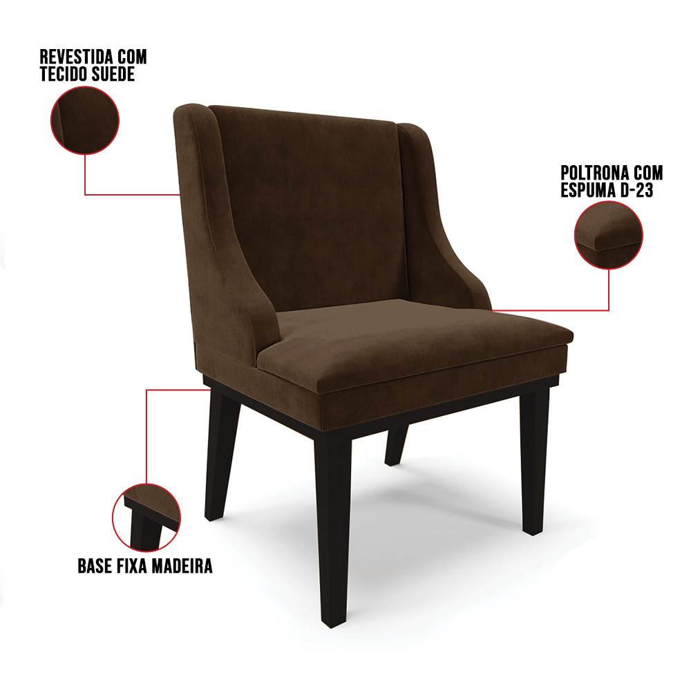 Cadeira de Jantar Liz Suede Marrom Base Fixa Madeira Preto - D'Rossi