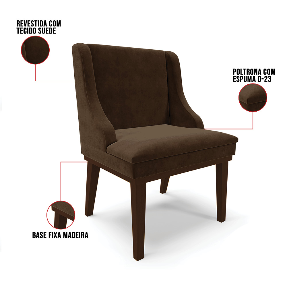 Cadeira de Jantar Liz Suede Marrom Base Fixa Madeira Tabaco - D'Rossi
