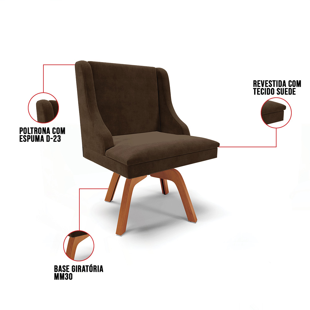 Cadeira de Jantar Liz Suede Marrom Base Giratória de Madeira MM35 - D'Rossi