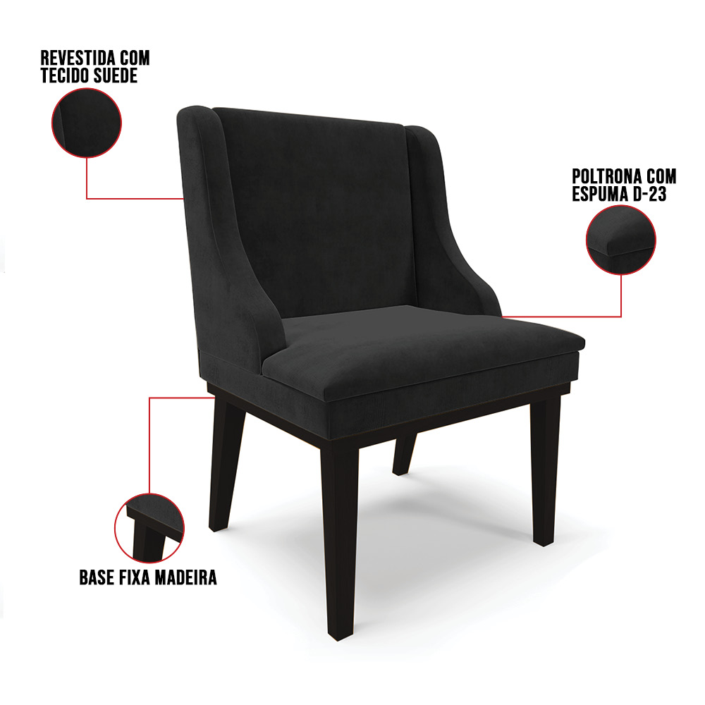 Cadeira de Jantar Liz Suede Preto Base Fixa Madeira Preto - D'Rossi