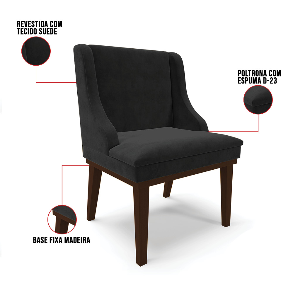 Cadeira de Jantar Liz Suede Preto Base Fixa Madeira Tabaco - D'Rossi