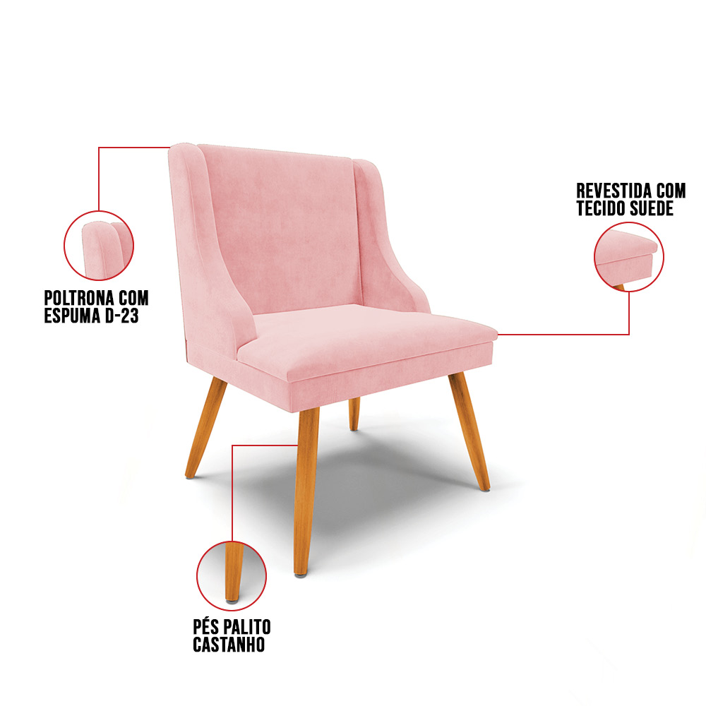 Cadeira de Jantar Liz Suede Rosa Bebê Pés Palito Castanho - D'Rossi