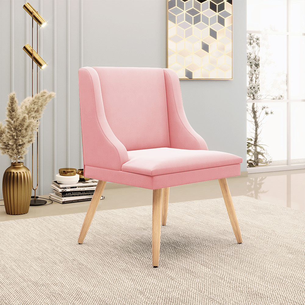 Cadeira de Jantar Liz Suede Rosa Bebê Pés Palito Natural - D'Rossi