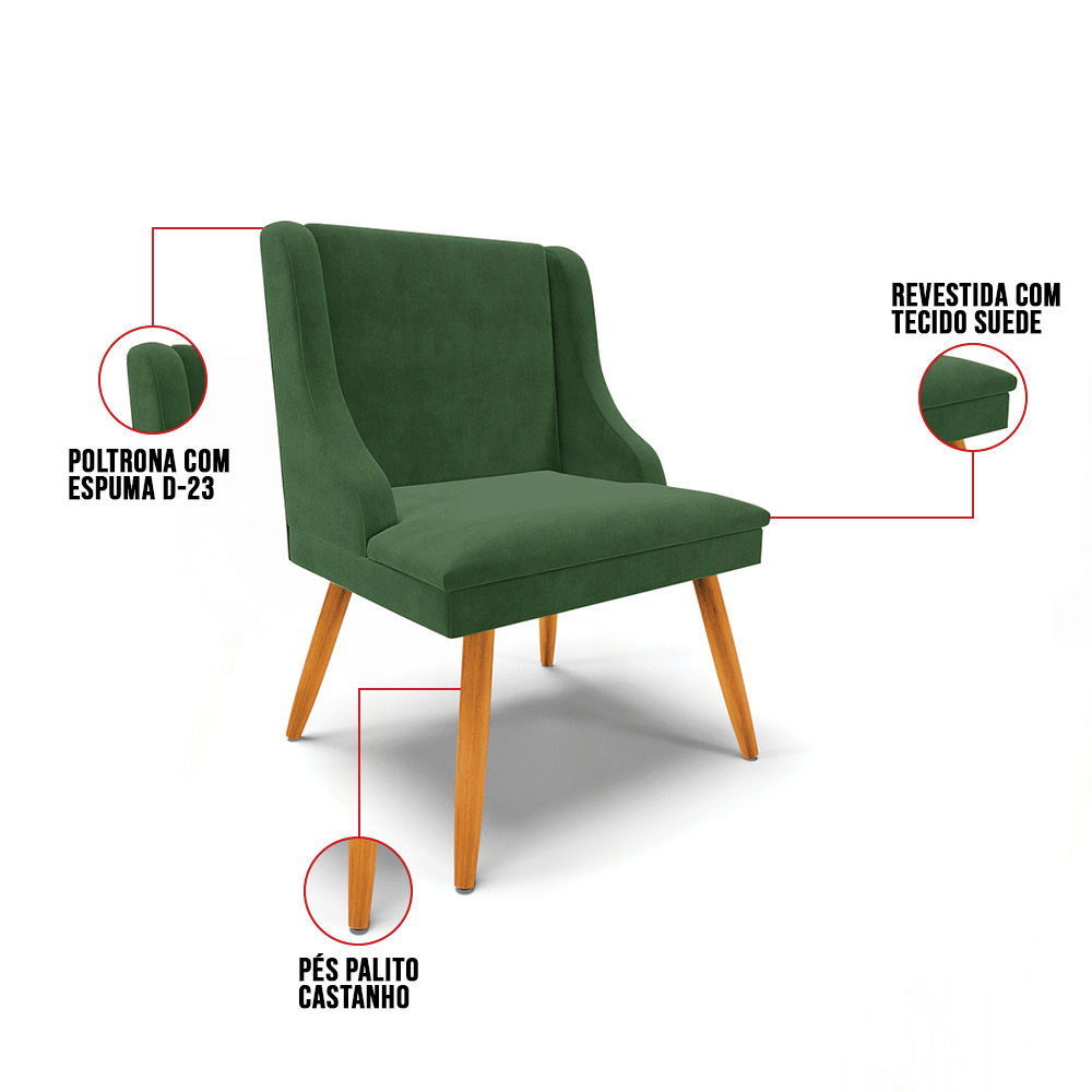 Cadeira de Jantar Liz Suede Verde Pés Palito Castanho - D'Rossi