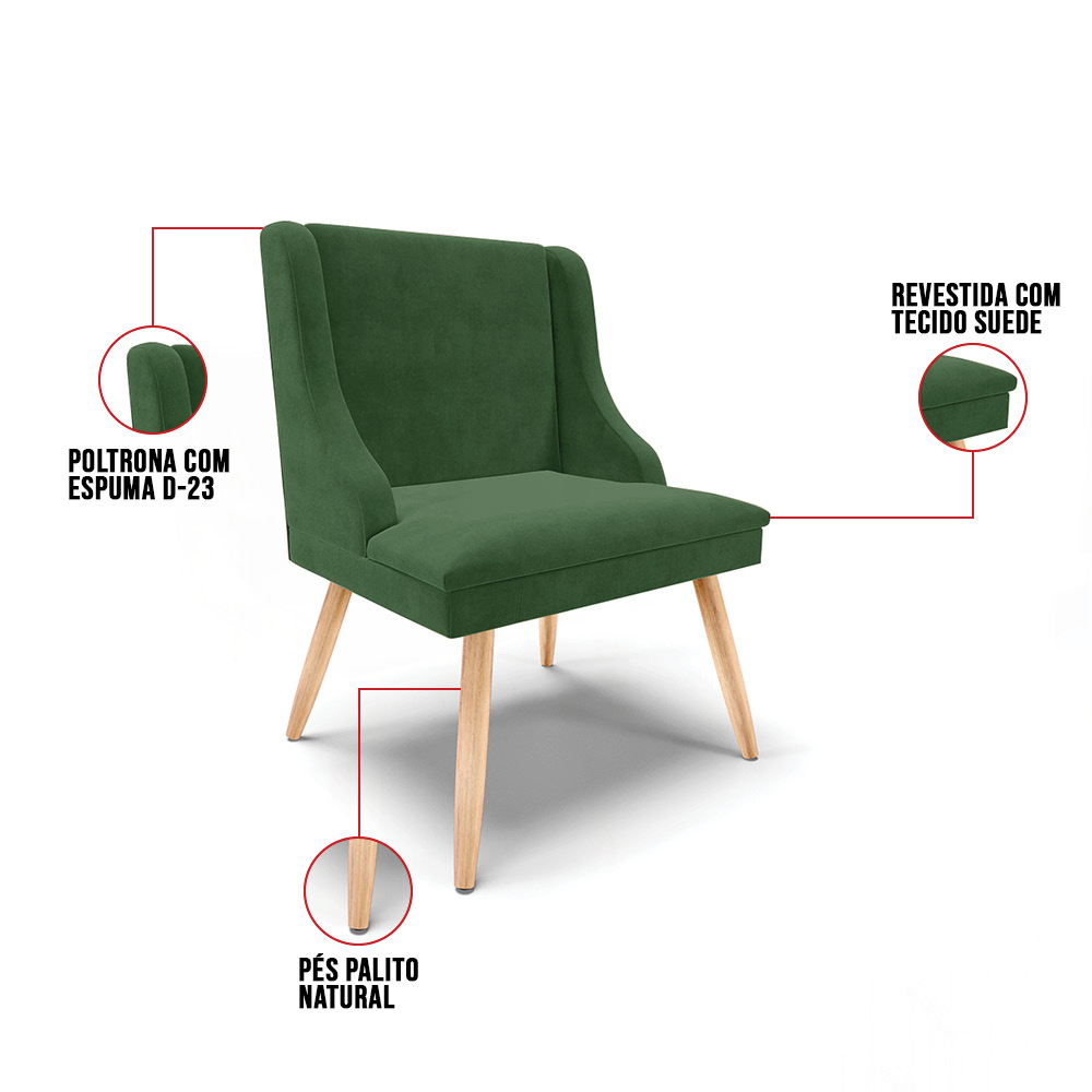 Cadeira de Jantar Liz Suede Verde Pés Palito Natural - D'Rossi
