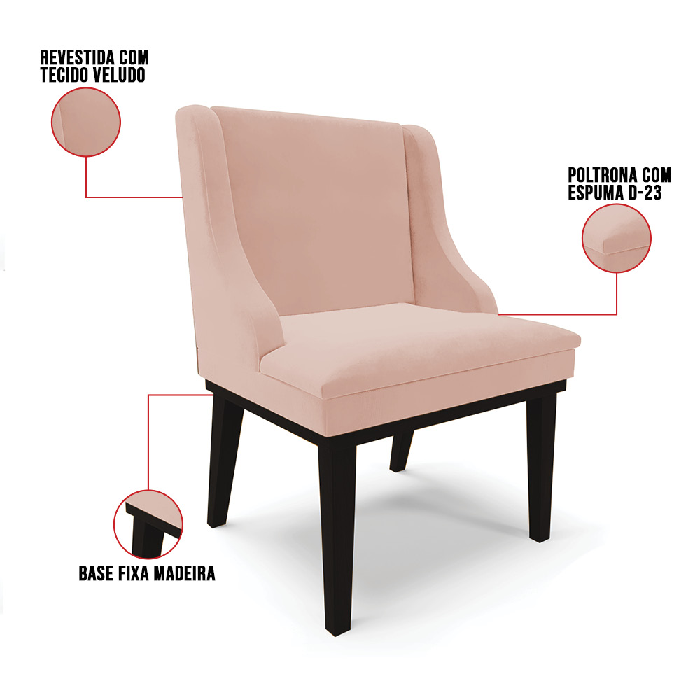 Cadeira de Jantar Liz Veludo Rosê Base Fixa Madeira Preto - D'Rossi