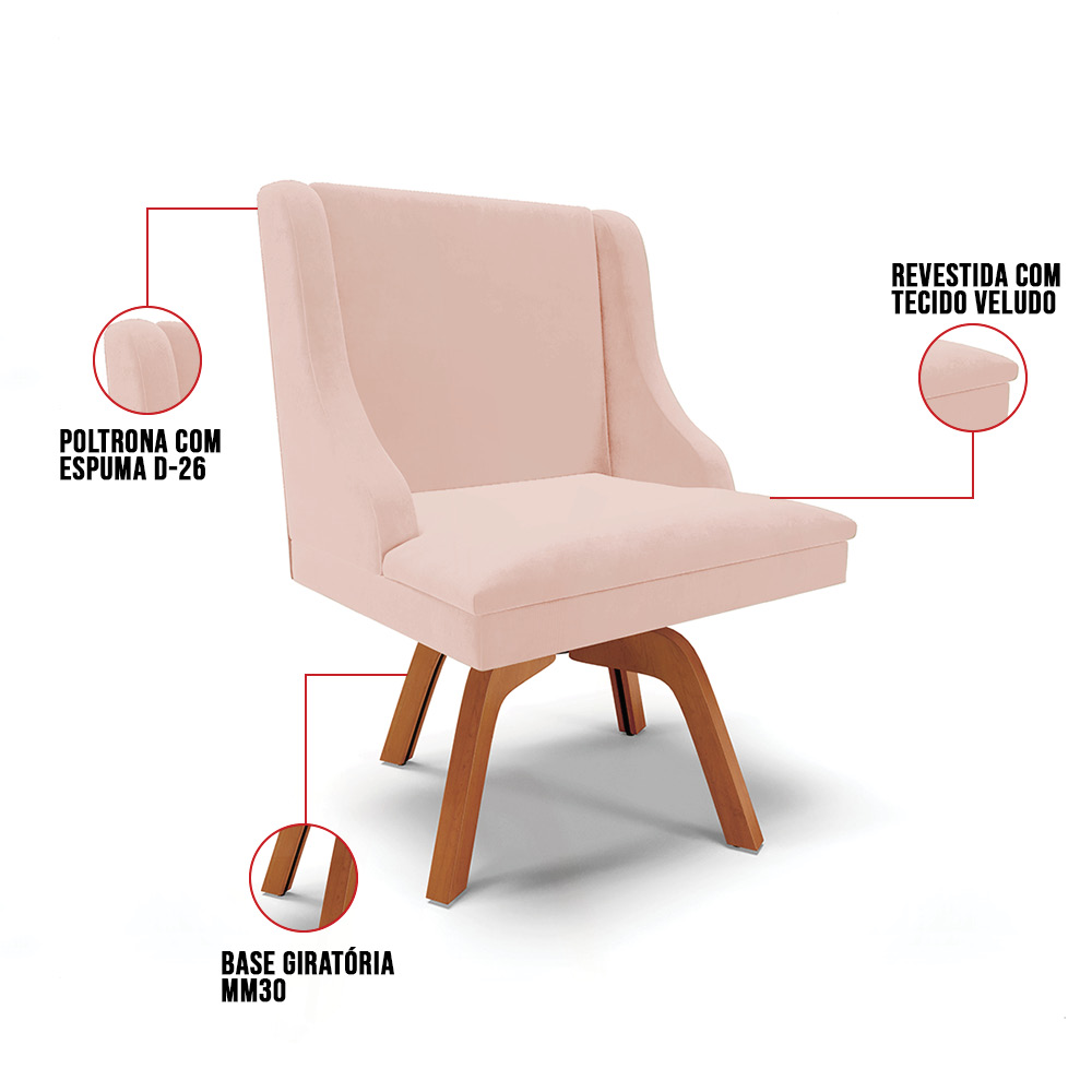 Cadeira de Jantar Liz Veludo Rosê Base Giratória de Madeira MM35 - D'Rossi