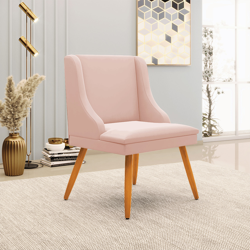 Cadeira de Jantar Liz Veludo Rosê Pés Palito Castanho - D'Rossi