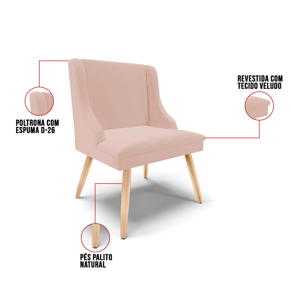 Cadeira de Jantar Liz Veludo Rosê Pés Palito Natural - D'Rossi