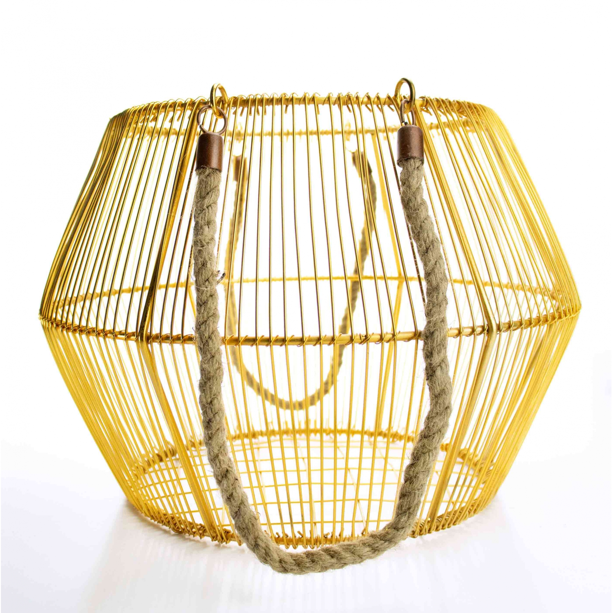 Cesto de Metal Dourado com Alça de Corda 36 cm - D'Rossi