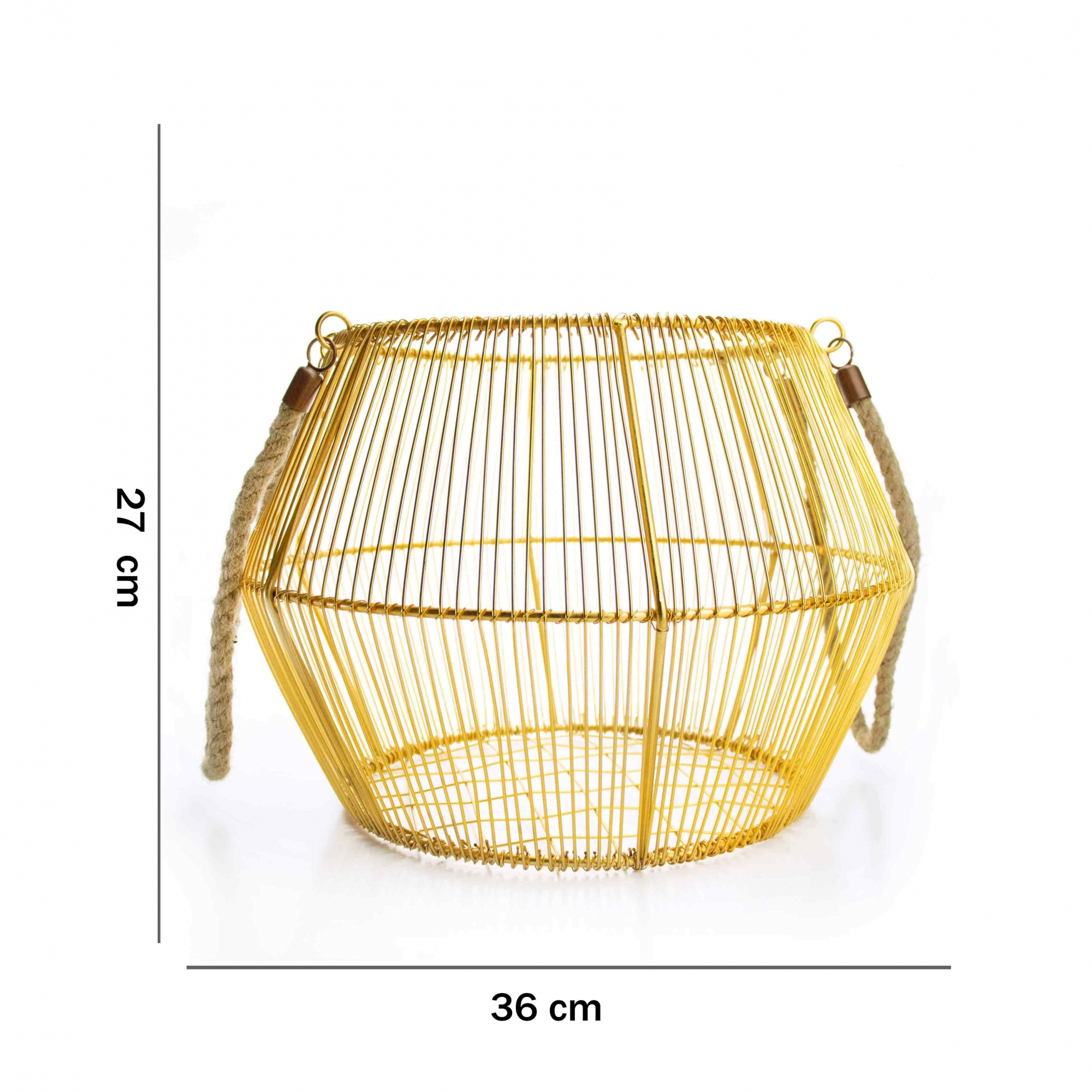 Cesto de Metal Dourado com Alça de Corda 36 cm - D'Rossi