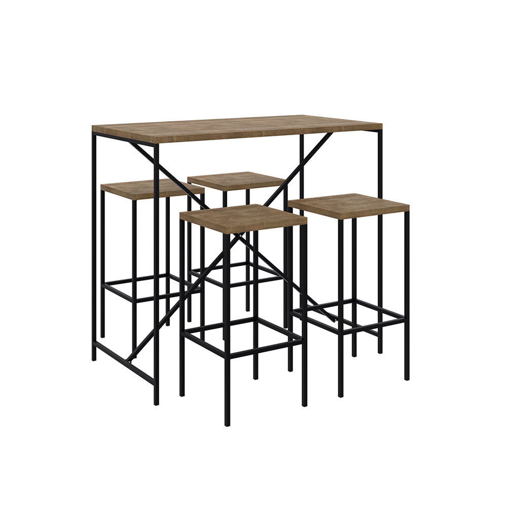 Conjunto Mesa Bancada com 04 Banquetas Alta Steel Quadra Estilo Industrial Vermont e Pés Metálico Preto - D'Rossi